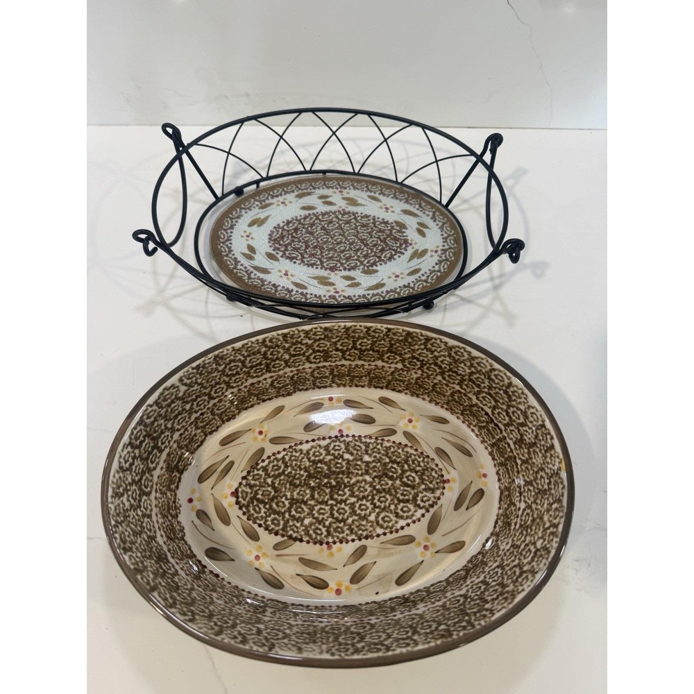 Temptations by Tara Old World BROWN 2 QT Oval Casserole Dish Rack Trivet 3 Pcs